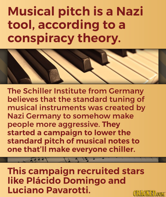 Musical pitch is a Nazi tool, according to a conspiracy theory. The Schiller Institute from Germany believes that the standard tuning of musical instr