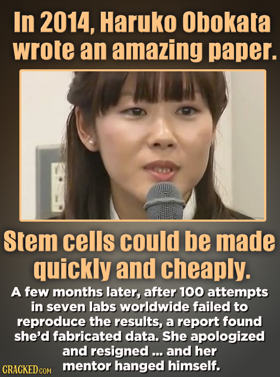 In 2014, Haruko Obokata wrote an amazing paper. Stem cells could be made quickly and cheaply. A few months later, after 100 attempts in seven labs wor
