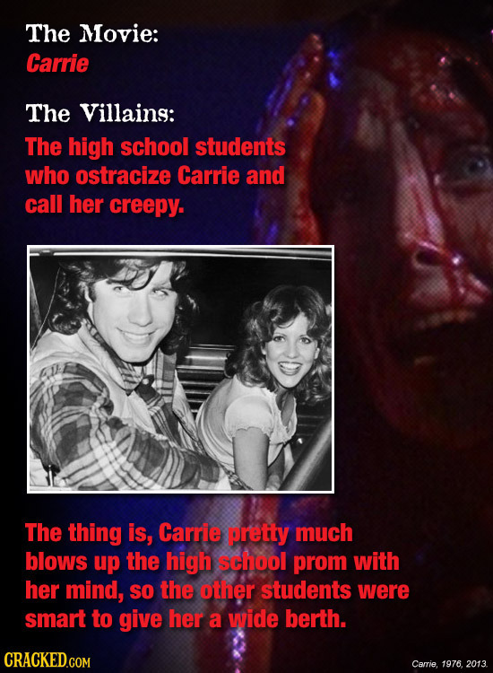 The Movie: Carrie The Villains: The high school students who ostracize Carrie and call her creepy. The thing is, Carrie pretty much blows up the high