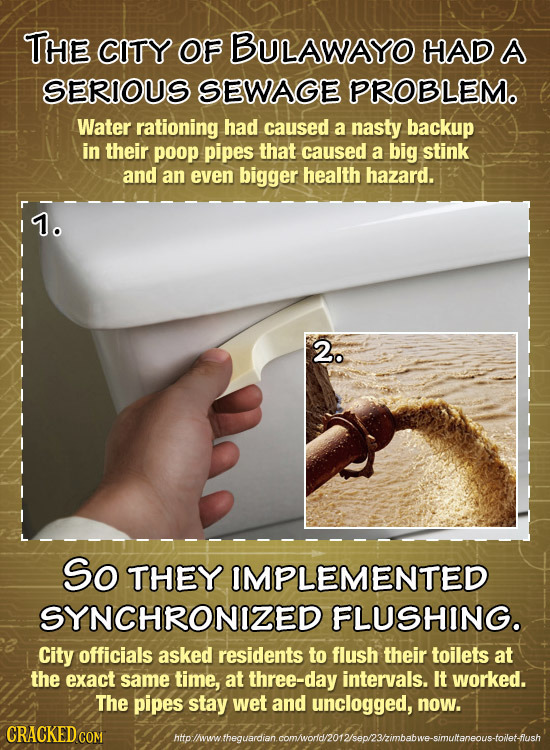 THE CITY OF BULAWAYO HAD A SERIOUS SEWAGE PROBLEM. Water rationing had caused a nasty backup in their poop pipes that caused a big stink and an even b