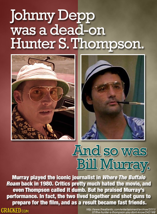 Johnny Depp was a dead-on Hunter S. Thompson. And SO was Bill Murray Murray played the iconic journalist in Where The Buffalo Roam back in 1980. Criti