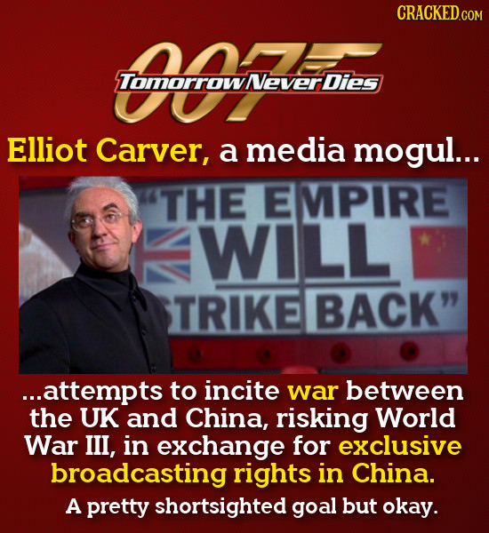 CRACKED Tomorrowever Dies Elliot Carver, a media mogul... THE EMPIRE WILL TRIKE BACK ...attempts to incite war between the UK and China, risking Worl