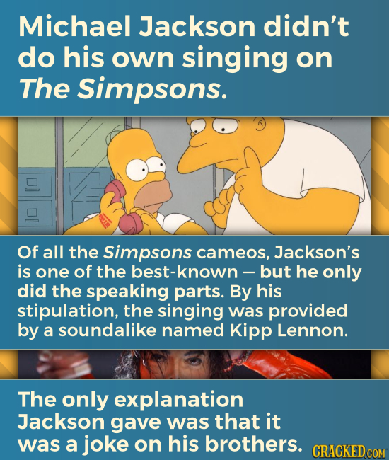 Michael Jackson didn't do his own singing on The Simpsons. Of all the Simpsons cameos, Jackson's is one of the best-known-but he only did the speaking