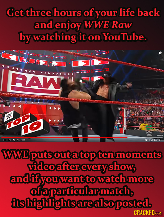 Get three hours of your life back and enjoy WWE Raw by watching it on YouTube. RAW W TOP 417/52 0006 WWE puts out a top ten moments videoaftereverysho
