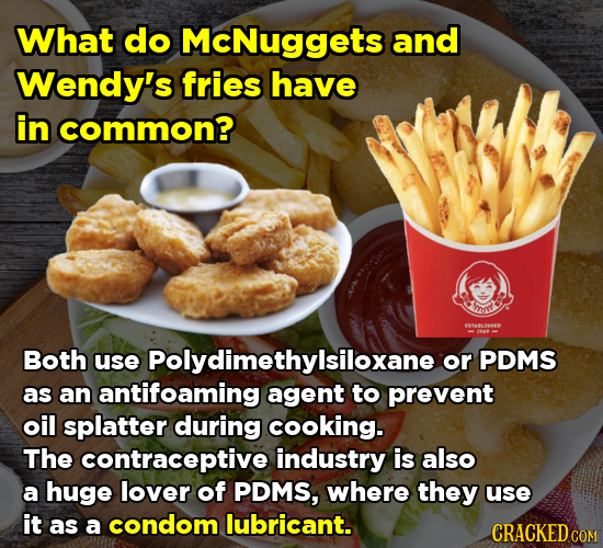 What do McNuggets and Wendy's fries have in common? Imt Both use Polydimethylsiloxane or PDMS as an antifoaming agent to prevent oil splatter during c