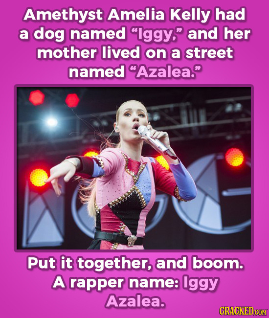 Amethyst Amelia Kelly had a dog named lggy, and her mother lived on a street named Azalea. Put it together, and boom. A rapper name: lggy Azalea.