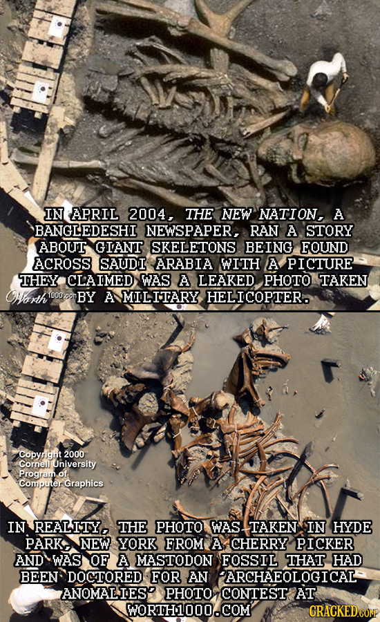 IN APRIL 2004, THE NEW NATION, A BANGLEDESHI NEWSPAPER RAN A STORY ABOUT GIANT SKELETONS BEING FOUND ACROSS SAUDI ARABIA WITH A PICTURE THEY CLAIMED W