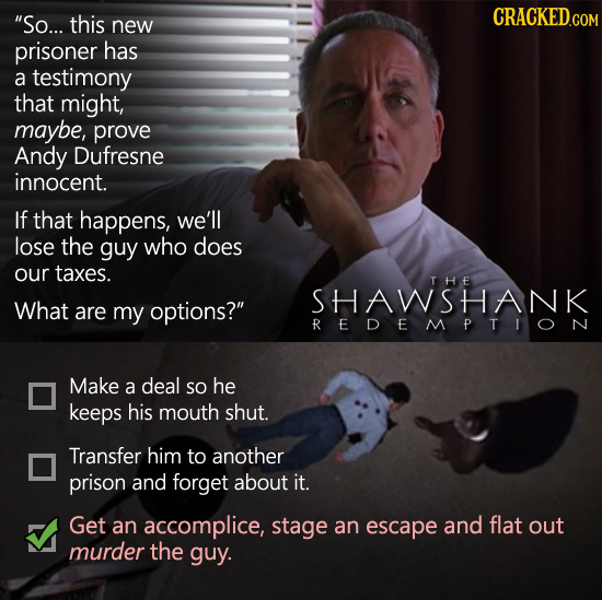 So... this CRACKEDcO new prisoner has a testimony that might, maybe, prove Andy Dufresne innocent. If that happens, we'll lose the guy who does our t