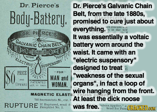 Dr. Pierce's Dr. Pierce's Galvanic Chain Body-Battery. Belt, from the late 1880s, promised to cure just about everything. ir' dinease W iL PIERCE'S It