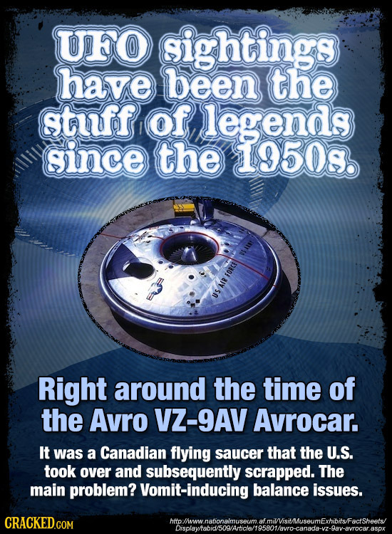 UFO ightings have been the stuff of legends gince the 19508. USAINY FORCE AIR US Right around the TiME of the Avro VZ-9AV Avrocar. It was a Canadian f