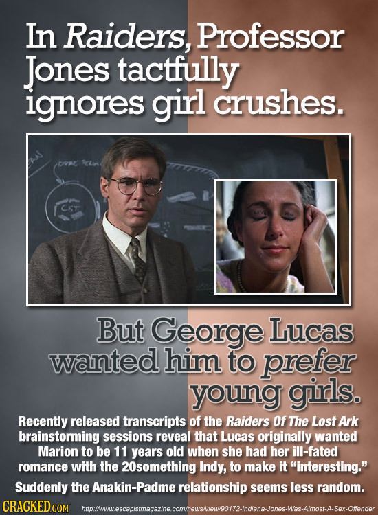 In Raiders, Professor Jones tactfully ignores girl crushes. TAE But George Lucas wanted him to prefer young girls. Recently released transcripts of th