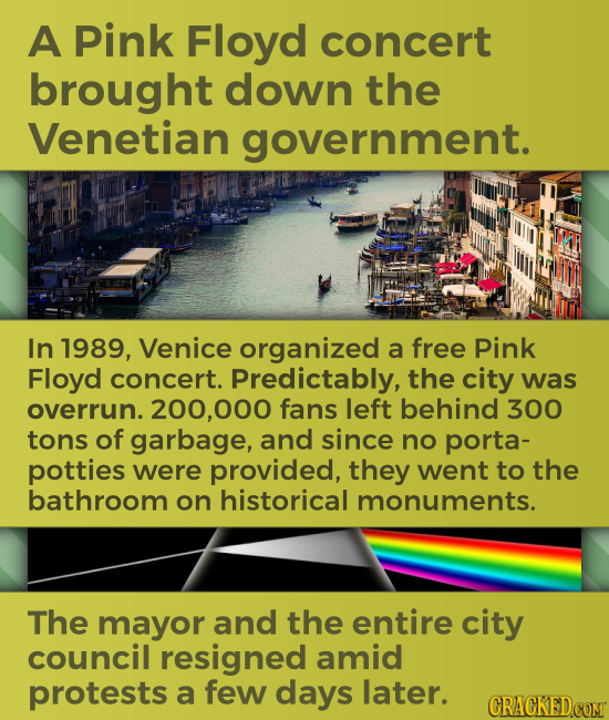 A Pink Floyd concert brought down the Venetian government. In 1989, Venice organized a free Pink Floyd concert. Predictably, the city was overrun. 200