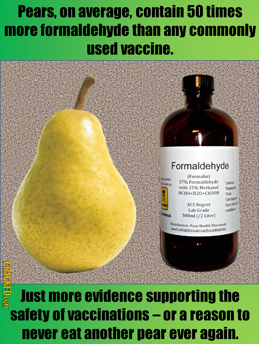 Pears, on average, contain 50 times more formaldehyde than any commonly used vaccine. Formaldehyde (Formalin) 37% Formaldehyde Catis with 15% Methanol