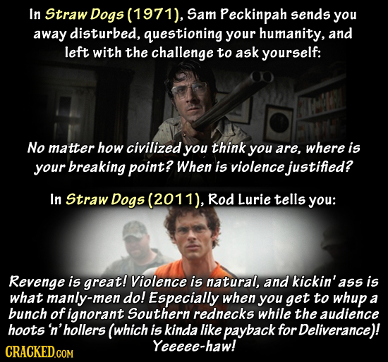 In Straw Dogs (1971), Sam Peckinpah sends you away disturbed, questioning your humanity, and left with the challenge to ask yourself: No matter how ci