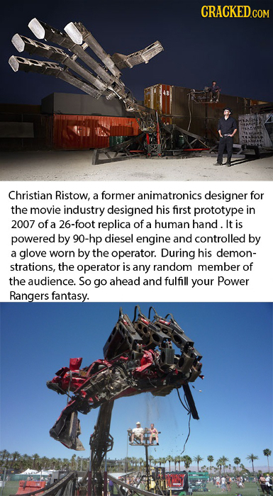 CRACKED.GOM Christian Ristow, a former animatronics designer for the movie industry designed his first prototype in 2007 of a 26-foot replica of a hum