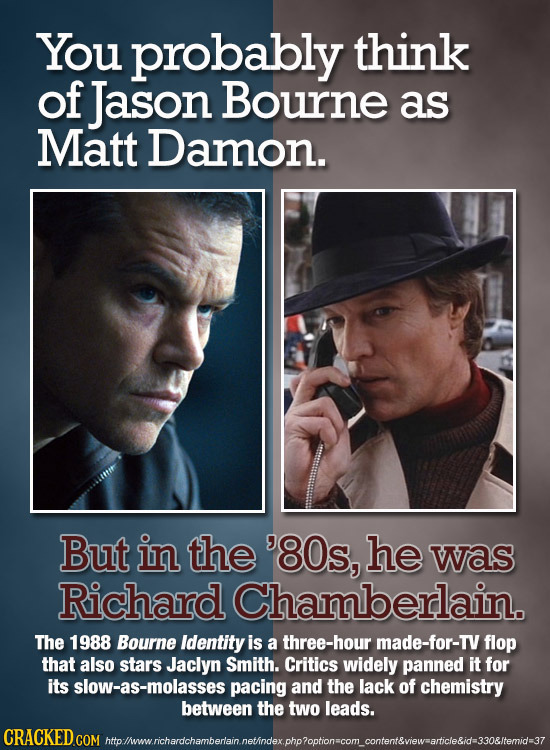 You probably think of Jason Bourne as Matt Damon. But in the '80s, he was Richard Chamberlain. The 1988 Bourne Identity is a three-hour made-for-TV fl