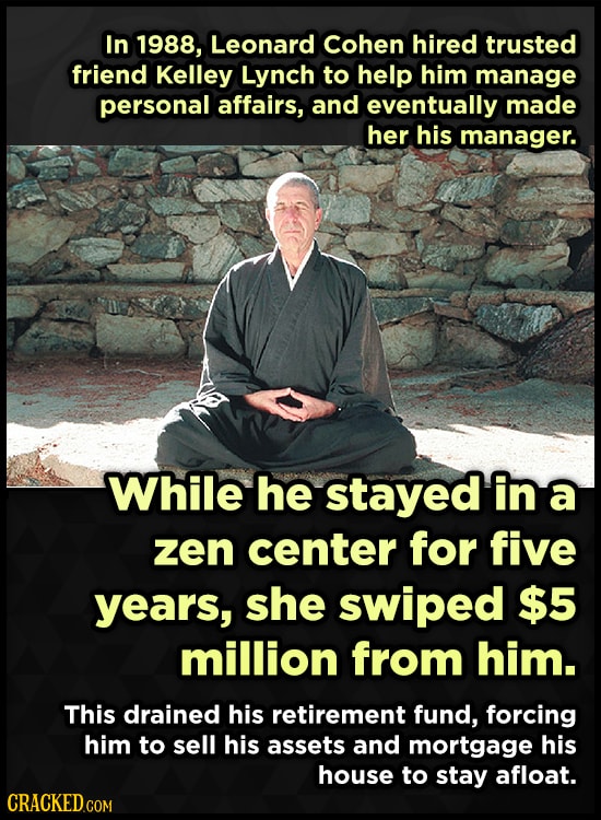 In 1988, Leonard Cohen hired trusted friend Kelley Lynch to help him manage personal affairs, and eventually made her his manager. While he stayed in