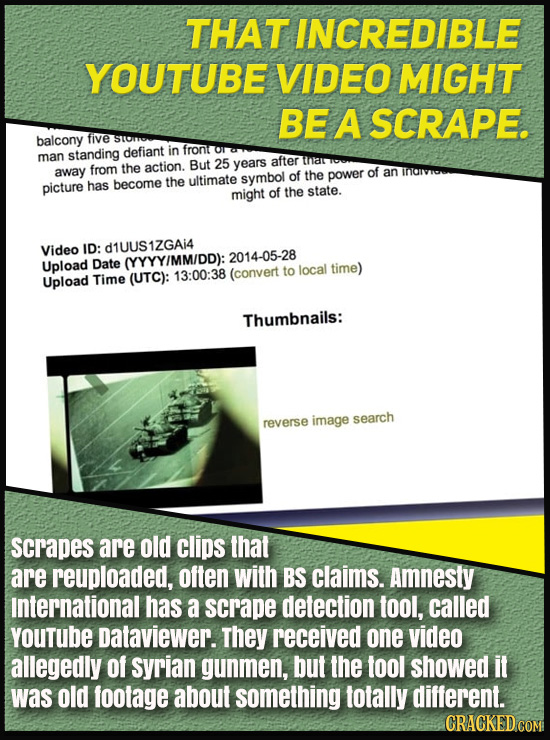 THAT INCREDIBLE YOUTUBE VIDEO MIGHT BE A SCRAPE. balcony five standing defiant in fronto man But after from action. 25 years tha away the symbol of th