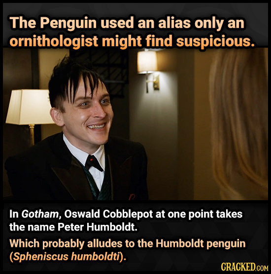 The Penguin used an alias only an ornithologist might find suspicious. In Gotham, Oswald Cobblepot at one point takes the name Peter Humboldt. Which p