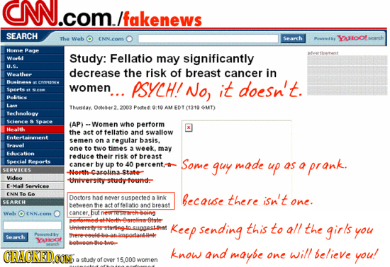 CN.COM./fakenews n/fakenews SEARCH The Web CNN.eOm Search Pawwerlby YAHoofs Home Page Worded Study: Fellatio significantly advertisement may U.G. decr