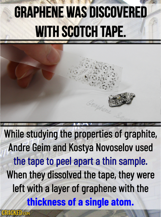 GRAPHENE WAS DISCOVERED WITH SCOTCH TAPE. Graphene While studying the properties of graphite, Andre Geim and Kostya Novoselov used the tape to peel ap