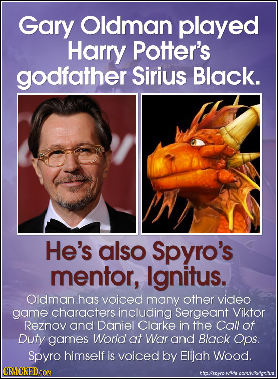 Gary Oldman played Harry Potter's godfather Sirius Black. He's also Spyro's mentor, lgnitus. Oldman has voiced many other video game characters includ