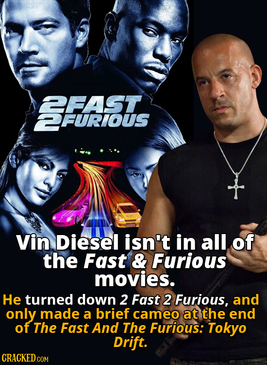 SFURAISUS FURIOUS Vin Diesel isn't in all of the Fast & Furious movies. He turned down 2 Fast 2 Furious, and only made a brief cameo at the end of The
