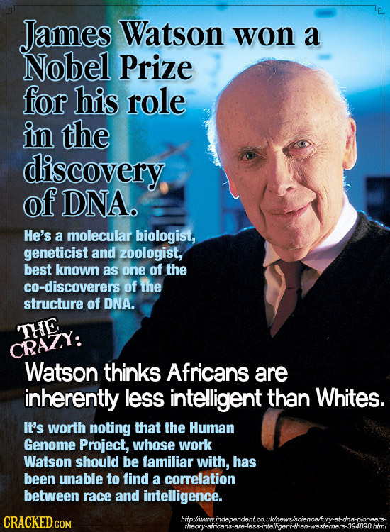 James Watson won a Nobel Prize for his role in the discovery of DNA. He's a molecular biologist, geneticist and zoologist, best known as one of the co