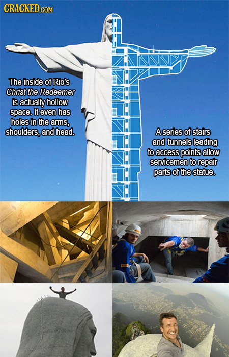 CRACKEDcO The inside of Rio's Christ the Redeemer is actually hollow space. It even has holes in the arms, shoulders, and head. A series of stairs and