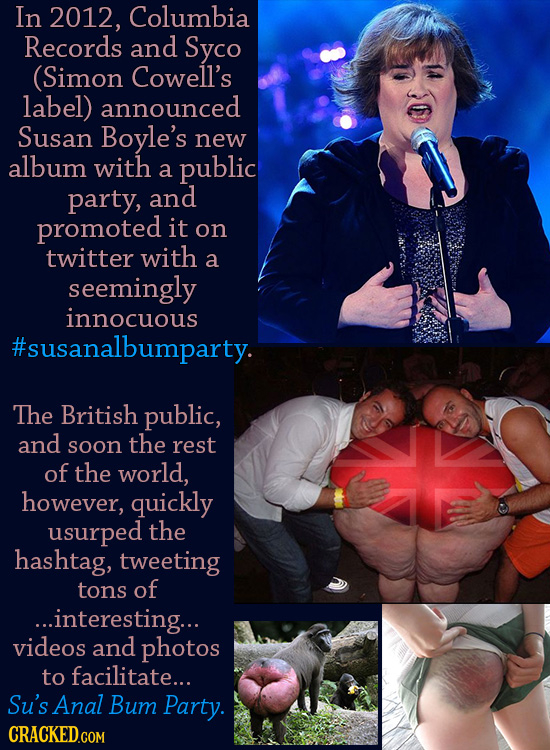 In 2012, Columbia Records and Syco (Simon Cowell's label) announced Susan Boyle's new album with a public party, and promoted it on twitter with a see