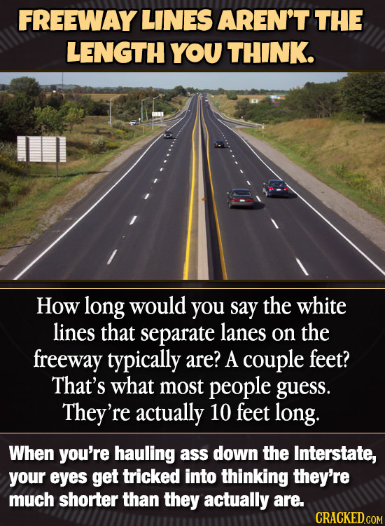 FREEWAY LINES AREN'T THE LENGTH YOU THINK. How long would you say the white lines that separate lanes on the freeway typically are? A couple feet? Tha
