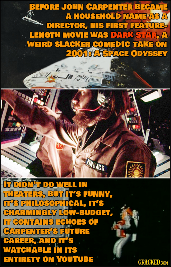 BEFORE JOHN CARPENTER BECAME A HOUSEHOLD NAME AS A DIRECTOR, HIS FIRST FEATURE- LENGTH MOVIE WAS DARK STAR, A WEIRD SLACKER COMEDIC TAKE ON 20018 A SP