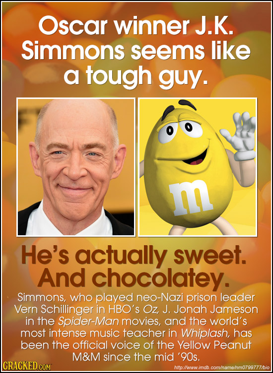 Oscar winner J.K. Simmons seems like a tough guy. m He's actually sweet. And chocolatey. Simmons, who played neo-Nazi prison leader Vern Schillinger i