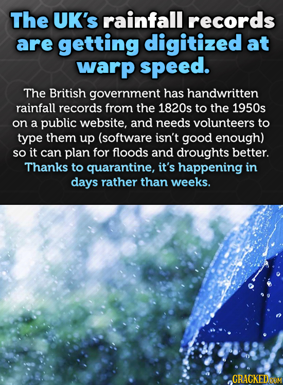 The UK's rainfall records are getting digitized at warp speed. The British government has handwritten rainfall records from the 1820s to the 1950s on