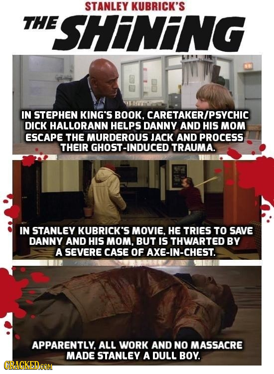 STANLEY KUBRICK'S THE ESHINING IN STEPHEN KING'S BOOK, CARETAKERIPSYCHIC DICK HALLORANN HELPS DANNY AND HIS MOM ESCAPE THE MURDEROUS JACK AND PROCESS