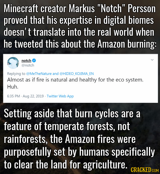 Minecraft creator Markus Notch Persson proved that his expertise in digital biomes doesn't translate into the real world when he tweeted this about