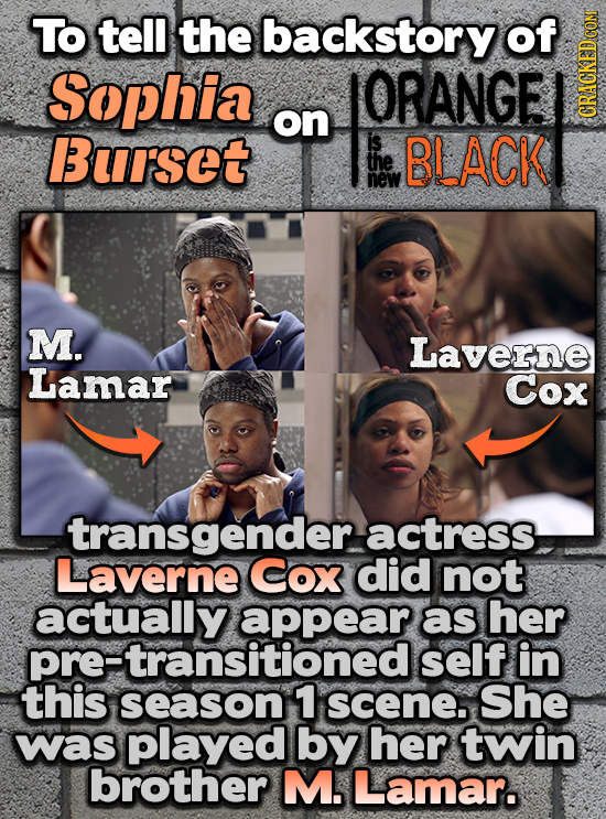To tell the backstory of Sophia ORANGE on Bursot is BLACK GRAH the new M. Laverne Lamar Cox transgender actress Laverne Cox did not as her pre-transir
