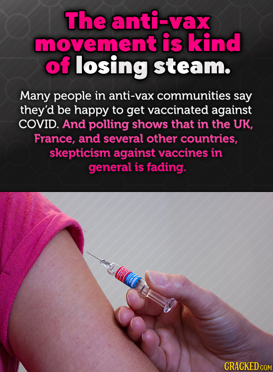 The anti-va movement is kind of losing steam. Many people in anti-vax communities say they'd be happy to get vaccinated against COVID. And polling sho
