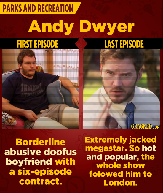 PARKS AND RECREATION Andy Dwyer FIRST EPISODE LAST EPISODE IA>t Mts CRACKED COM Borderline Extremely jacked megastar. So hot abusive doofus and popula
