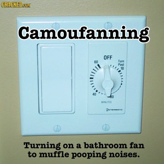 Camoufanning OFF 60 Turn Past 10 40 80 MINUTES TYERMATIC Turning on a bathroom fan to muffle pooping noises.