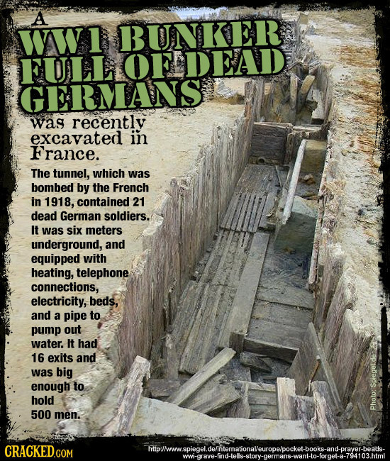 A wl BUNKER FULLOFDEAD GERMANS Was recently excavated in France. The tunnel, which was bombed by the French in 1918, contained 21 dead German soldiers