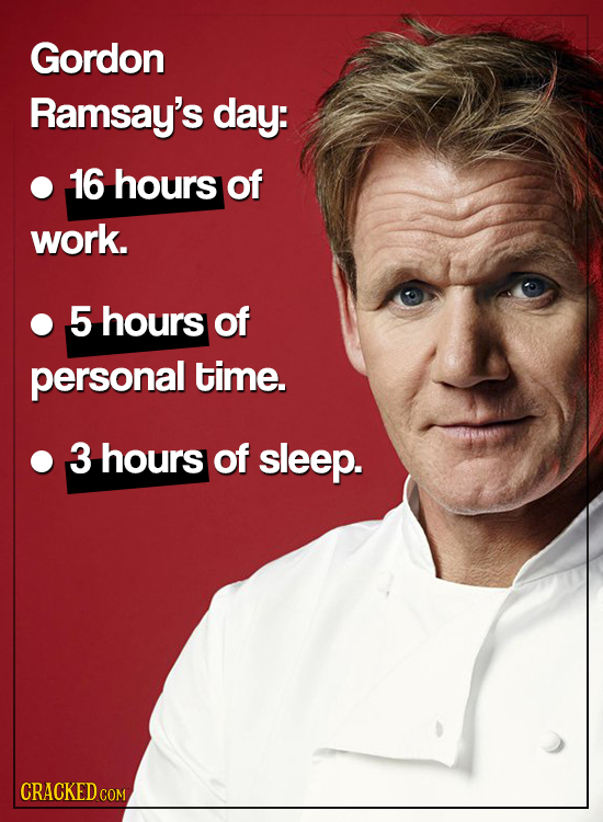 Gordon Ramsay's day: 16 hours of work. 5 hours of personal time. 3 hours of sleep. CRACKED COM