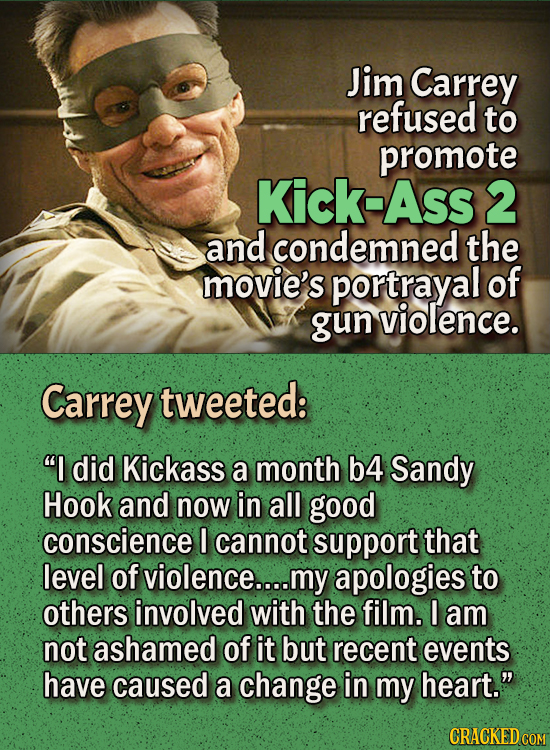 People Who Didn't Want Anything To Do With Their Own Work - Jim Carrey refused to promote Kick-Ass 2 and condemned the movie’s portrayal of gun viole