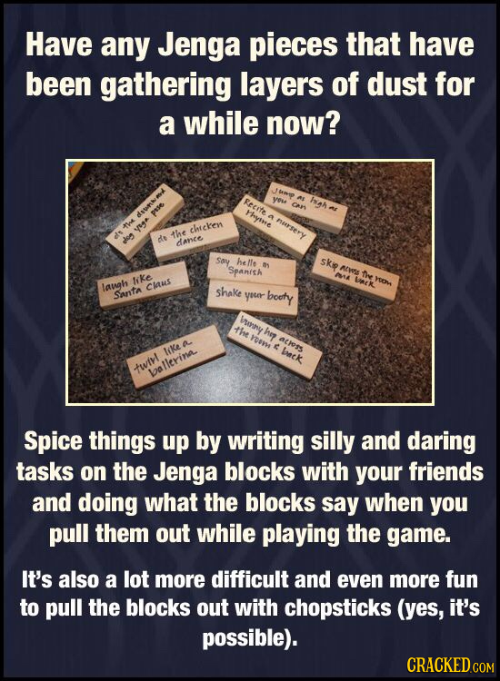 Have any Jenga pieces that have been gathering layers of dust for a while now? Recrte. yPue A Inah: CARS hyihe SUW pese nrsery ae chrcken A yg* the ds