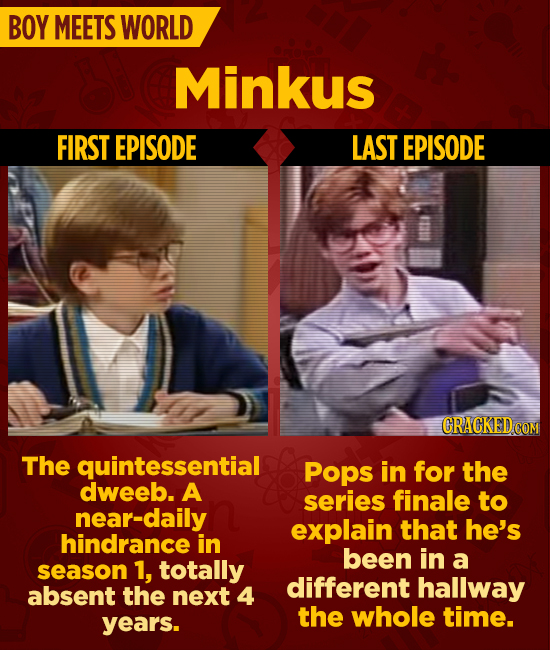 BOY MEETS WORLD Minkus FIRST EPISODE LAST EPISODE CRACKEDC The quintessential Pops in for the dweeb. A series finale to near-daily explain that he's h