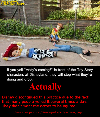 CRACKED.cO CON If you yell Andy's coming! in front of the Toy Story characters at Disneyland, they will stop what they're doing and drop. Actually D