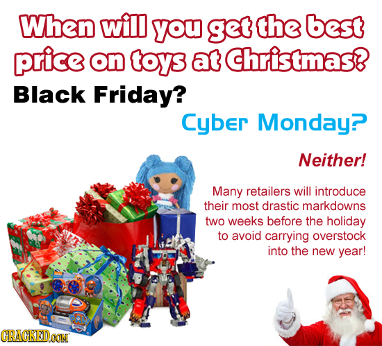 When will you get the best price on toys at Christmas? Black Friday? Cyber Monday? Neither! Many retailers will introduce their most drastic markdowns