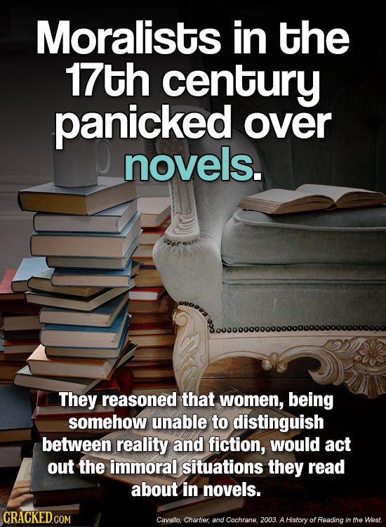 Moralists in the 17th century panicked over novels. 80000000000000000000000000000000 They reasoned that women, being somehow unable to distinguish bet