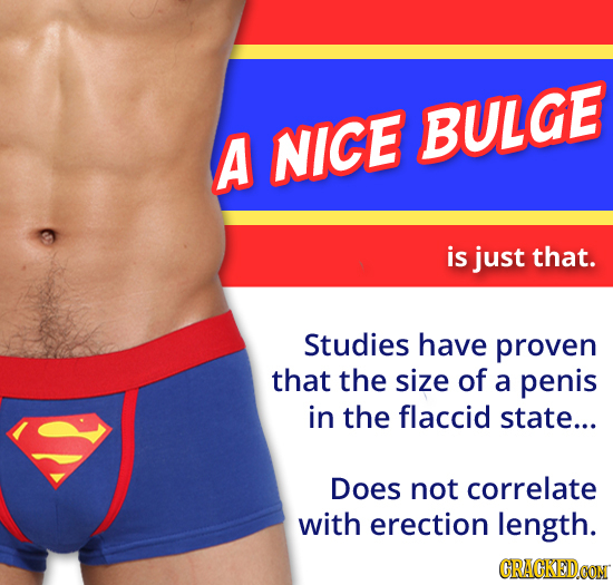 NICE BULGE A is just that. Studies have proven that the size of a penis in the flaccid state... Does not correlate with erection length. CRACKEDCON 