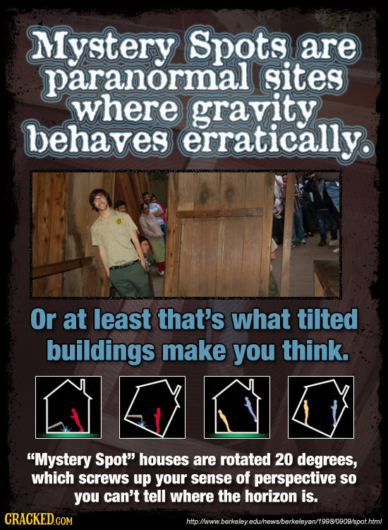 Mystery Spots are paranormall sites where gravity behaves erratically. Or at least that's what tilted buildings make you think. Mystery Spot houses